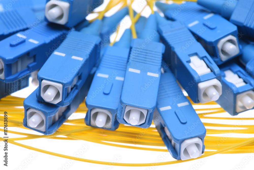 Fiber cables sc connectors closeup isolated on white background Fiber cables sc connectors closeup isolated on white background