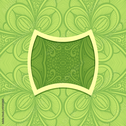 Template with frame and seamless  Zen-doodle pattern in green