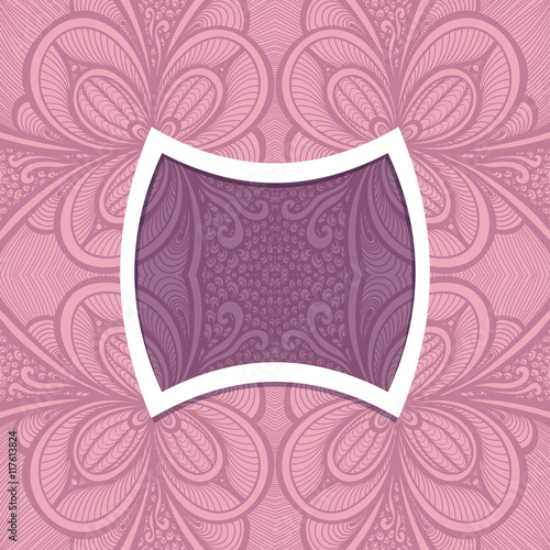 Template with frame and seamless  Zen-doodle pattern in lilac