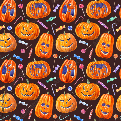 seamless pattern with pumpkin lanterns, lollipop and candy .watercolor hand drawn illustration.dark background.