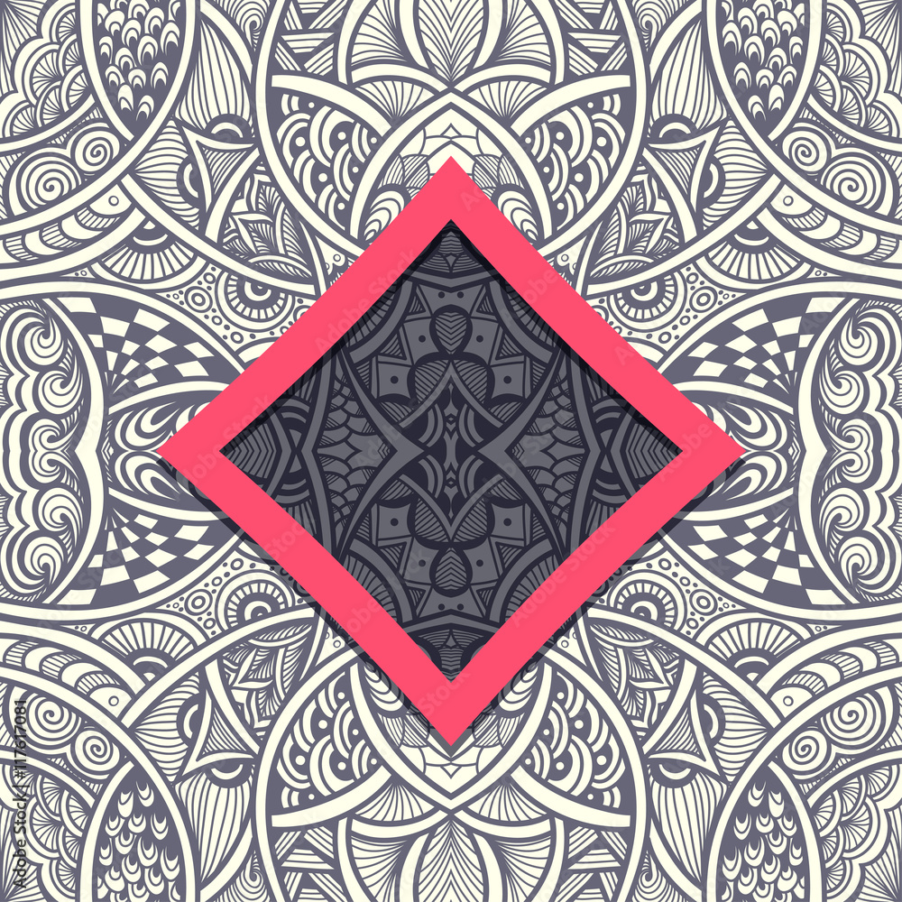 Template with frame and seamless  Zen-doodle pattern in grey red