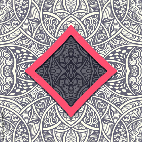 Template with frame and seamless  Zen-doodle pattern in grey red