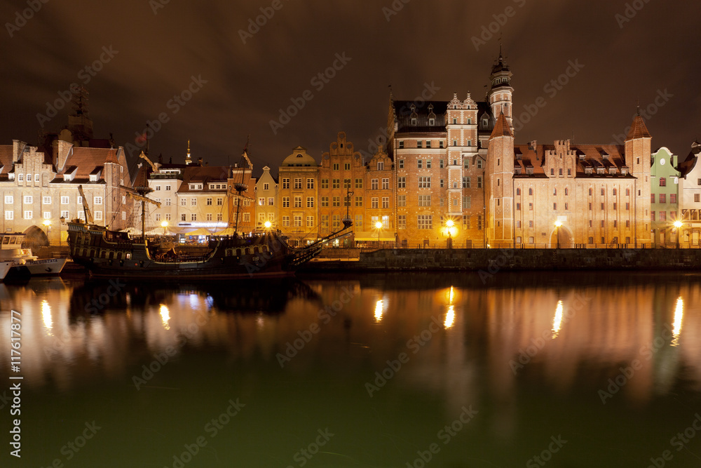 Night Fairy tale view by the river of Motlawa in Gdansk 
