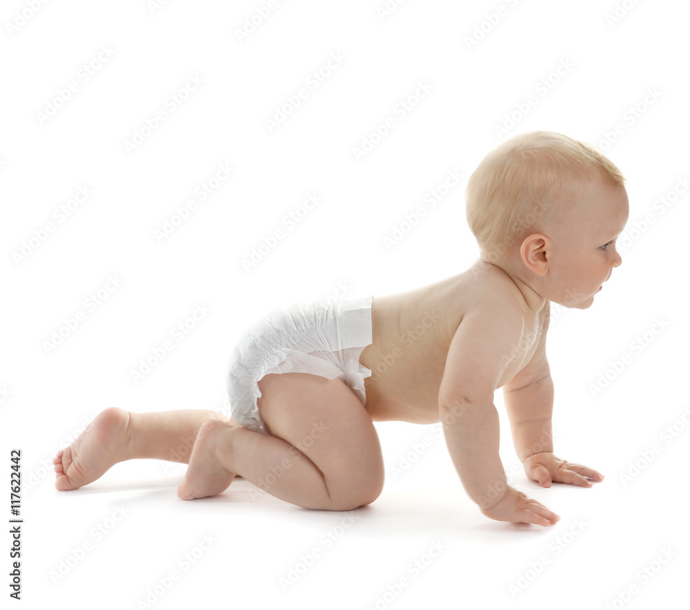Baby crawling on white background