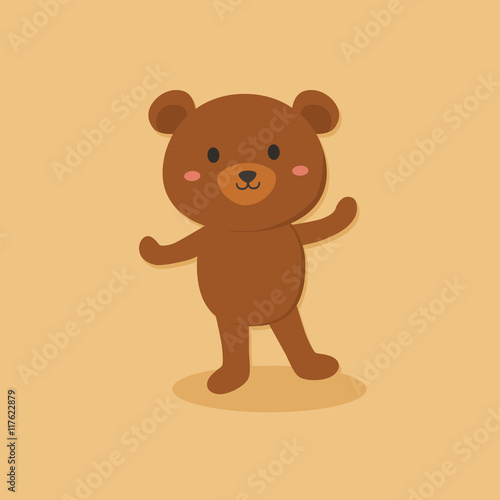 Vector illustration of cute grizzly bear cartoon character standing in brown background. 