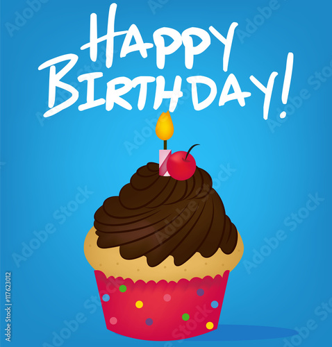 Beautiful Birthday cupcake, vector, postcard, spongy muffin with candle, sweet illustration, image, eps, jpg.
