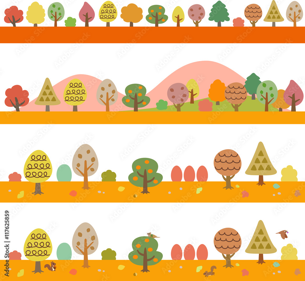 秋の木々と山のラインイラストセット Stock ベクター Adobe Stock