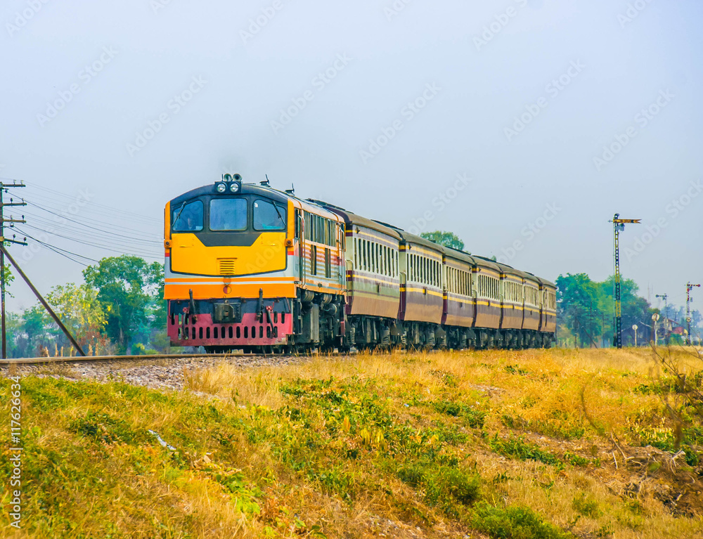 Naklejka premium Passenger train was passing through rural field, 2016.