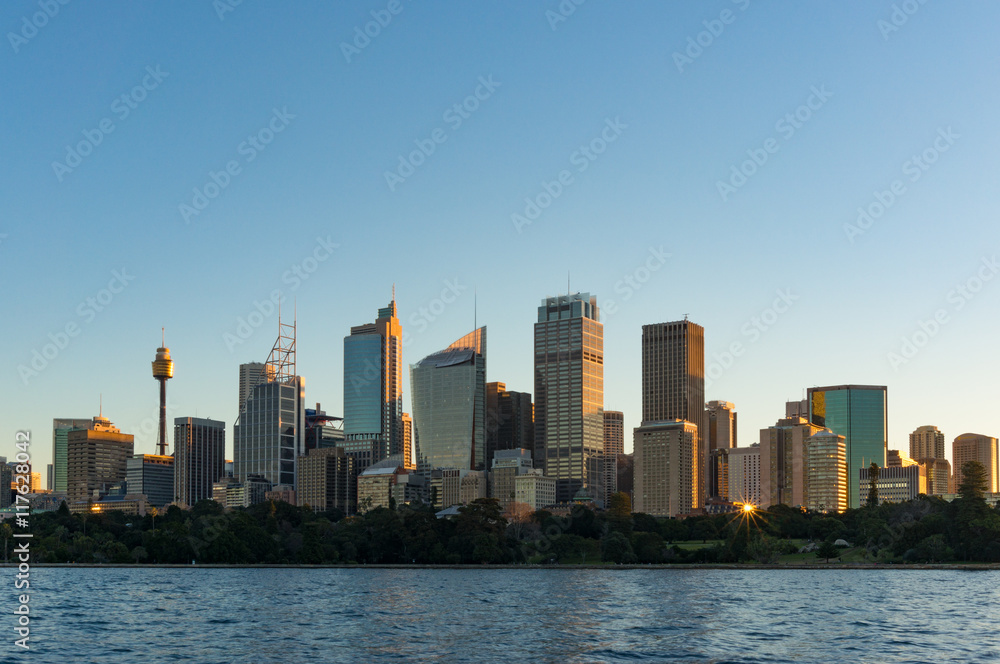 Sydney CBD skyscrapers with Sydney Tower and Royal Botanic Garden view on sunset with sun reflecting from windows. Modern urban cityscape with office buildings