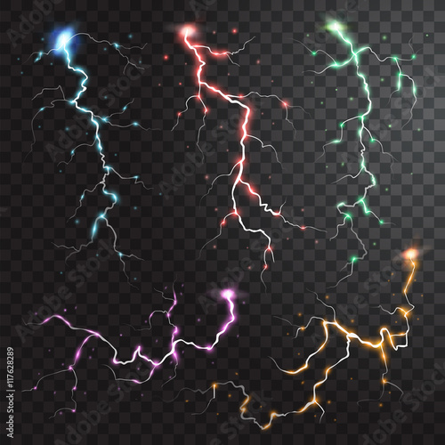 Thunderstorm realistic elements with colored flashes of lightnings sparks on black half transparent background isolated vector illustration