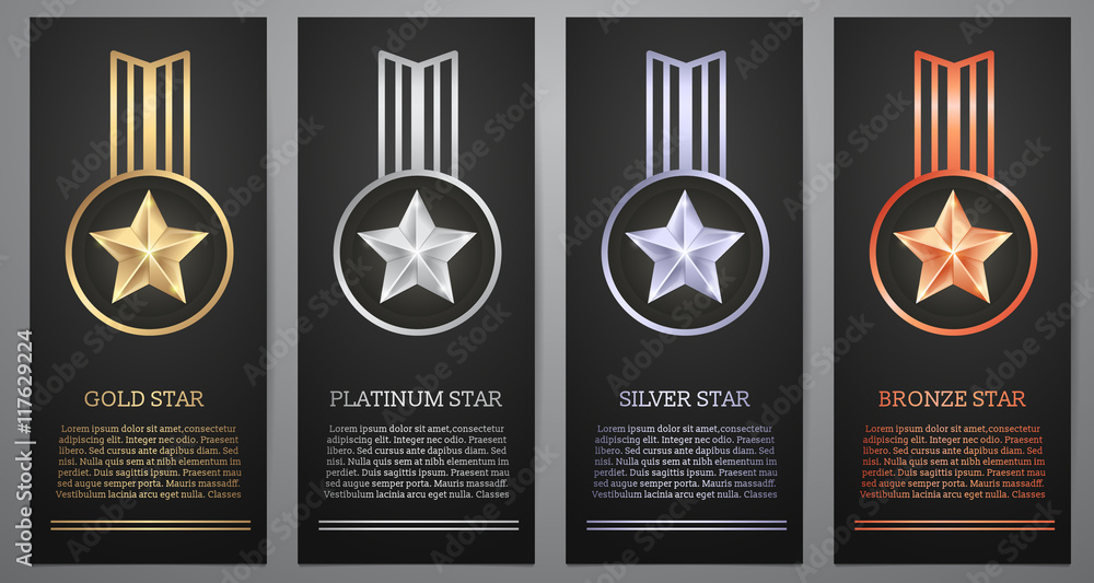 Set of black banners, Gold , Platinum ,Silver and Bronze stars, Vector