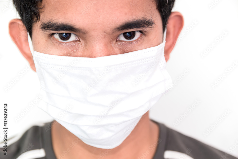 thai man waer face polution mask on white background thai man waer face polution mask on white background