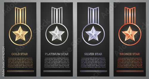 Set of  black banners, Gold , Platinum ,Silver and Bronze stars, Vector illustration. photo