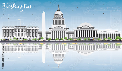 Washington DC Skyline with Gray Buildings, Blue Sky and Reflecti