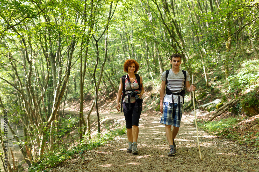 Obraz premium Family hiking in the forest