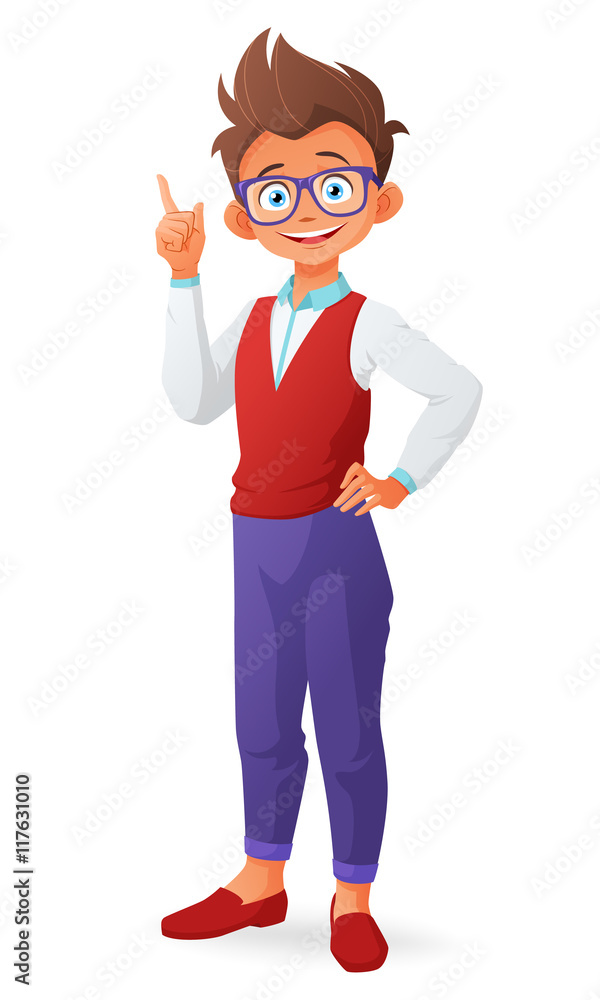 Cute smart little boy with glasses and finger point up having an idea. Cartoon vector illustration isolated on white background.