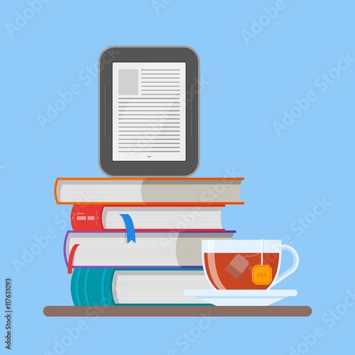 Electronic book concept vector illustration in flat style. Stack of books and reader.
