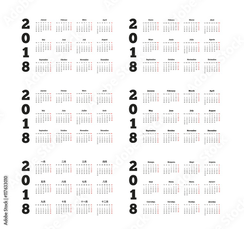 Set of 2018 year simple calendars on different languages