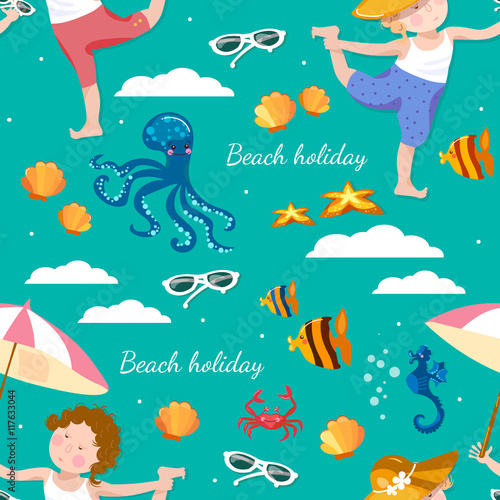 Happy kids on summer beach sea seamless pattern cartoon vector