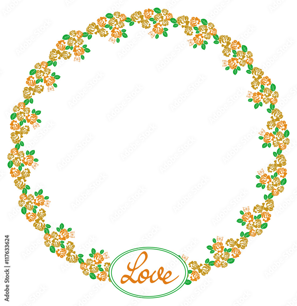 Round frame with roses and custom written word Round frame with roses and custom written word