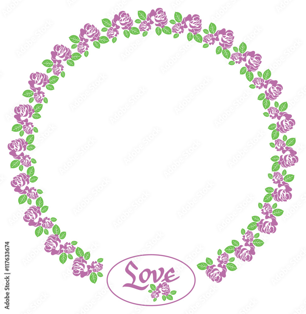 Round frame with roses and custom written word 