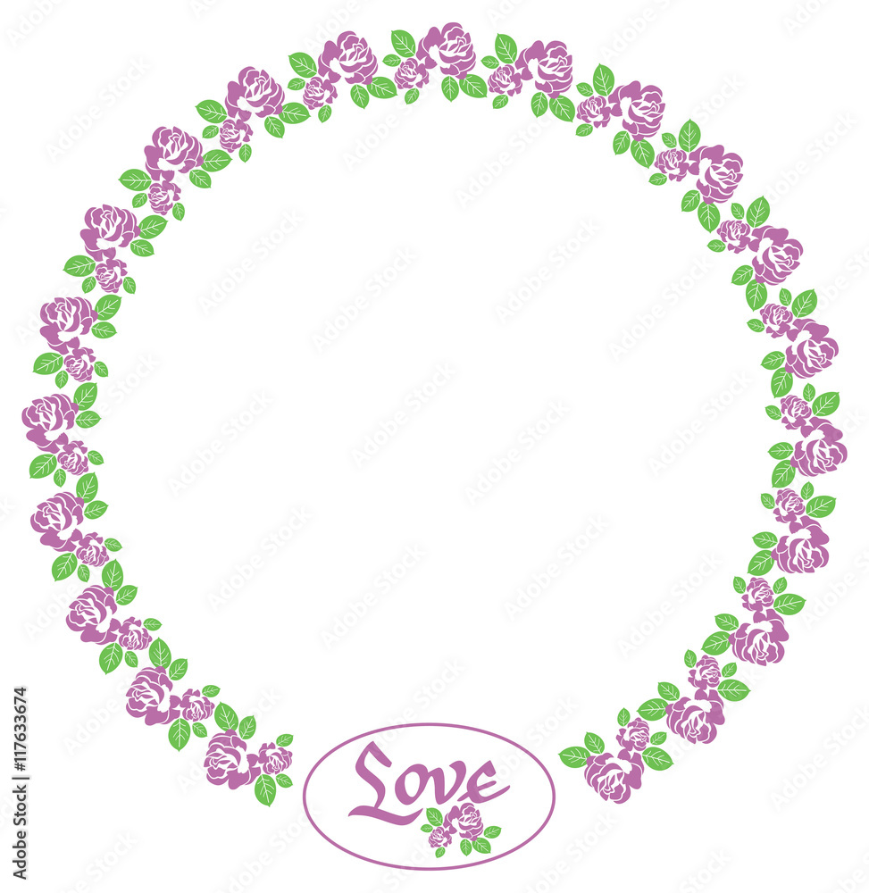 Round frame with roses and custom written word Round frame with roses and custom written word