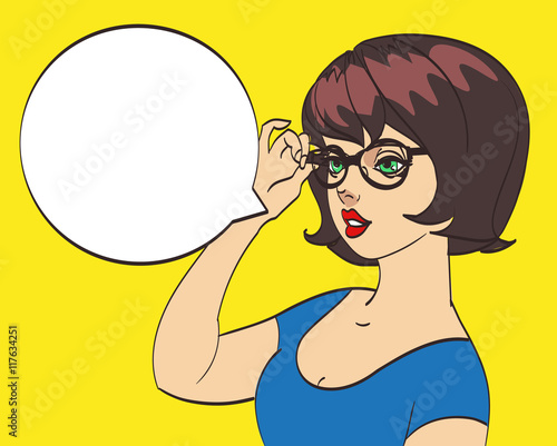 very cute office girl in glasses in pop art style. Colorful drawing, isolated eps 10