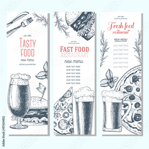 Fast food banner set. Pizza, hamburger and beer collection. Vector illustration, linear graphic drawn. Pub menu.