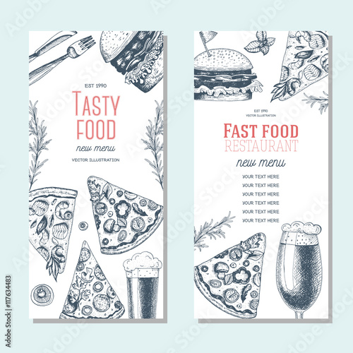 Fast food banner set. Pizza, hamburger and beer collection. Vector illustration, linear graphic drawn. Pub menu.
