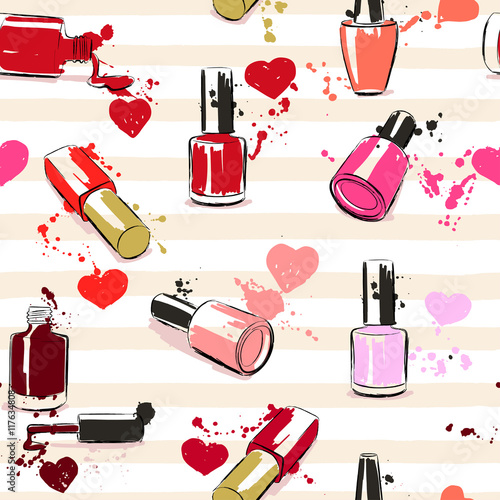 Drawing vector illustration with nail polish, hearts and splash