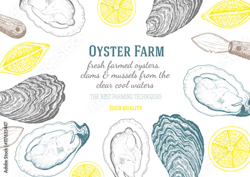 Vector illustration of oyster. Oyster farm and oyster restaurant design template. photo