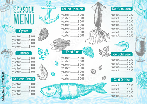 Vintage seafood menu design.Vector illustration document template