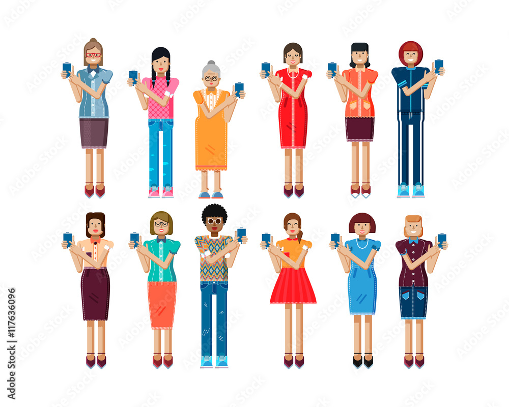illustration isolated set of European, African-American women touch screen smartphone in hands in flat style