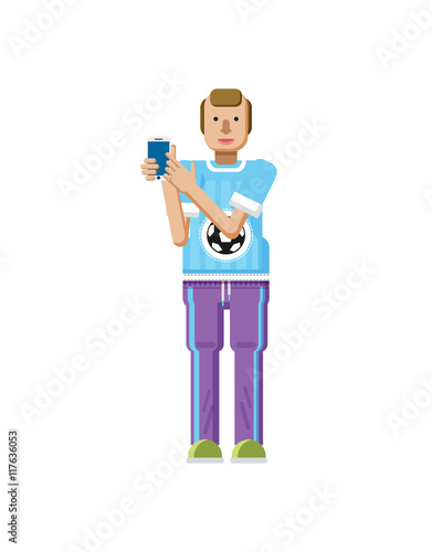 illustration isolated of European man with blond hair, receding hairline, smartphone by hand in flat style