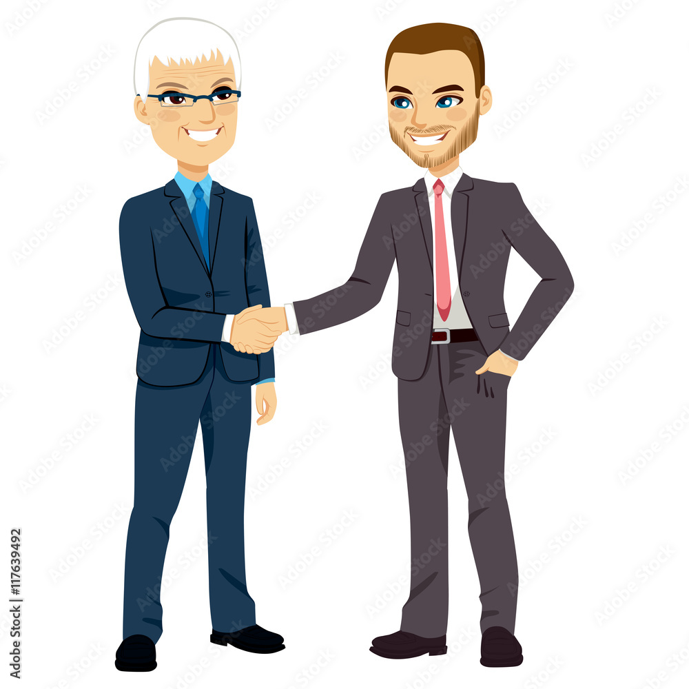 Two businessmen, one senior and one young, shaking hands happy standing negotiating Two businessmen, one senior and one young, shaking hands happy standing negotiating