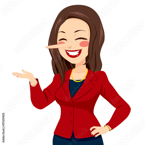 Beautiful woman in suit smiling with big liar nose lying