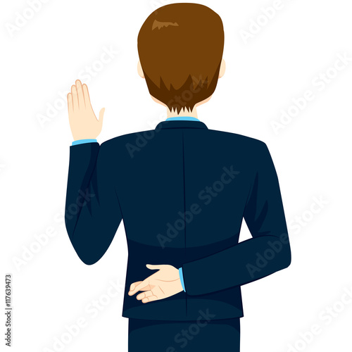 Back view of young man lying swearing with fingers crossed
