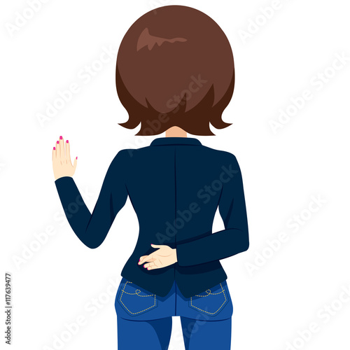 Back view of woman with crossed fingers swearing and lying