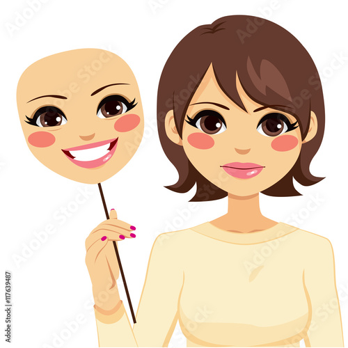 Serious woman holding happy mask concept of hypocrisy