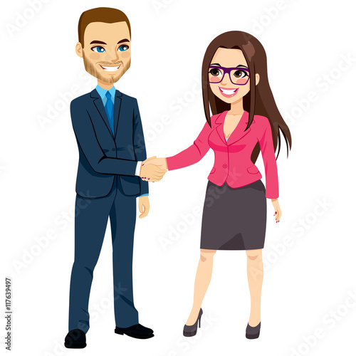 Businessman in blue suit shaking hands with businesswoman in pink suit happy standing negotiating