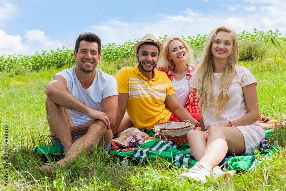 Friends picnic people group sitting blanket outdoor green grass Friends picnic people group sitting blanket outdoor green grass