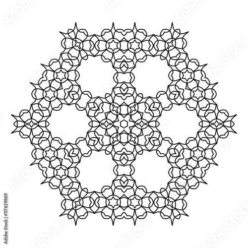 Round decorative geometric pattern. Lace circle design template. Abstract mono line background. Mandala illustration