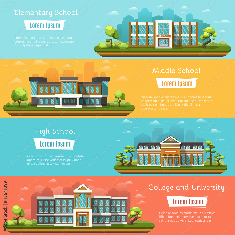 Elementary and Middle School buildings outdoors. College and University. High school on landscape. Four horizontal banners with place for text. Vector illustration.