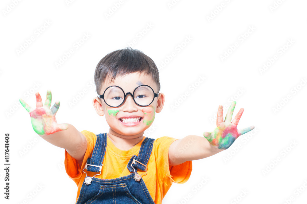 cute boy with hands painted in colorful paints ready for hand prints cute boy with hands painted in colorful paints ready for hand prints
