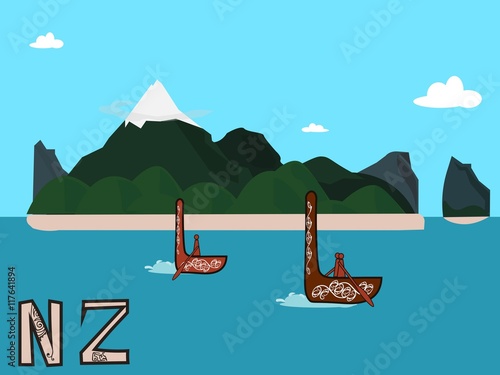 New Zealand landscape vector illustration postcard