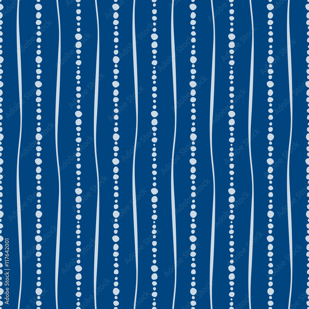 Seamless vector decorative hand drawn pattern. Blue geometric endless background with dots and vertical lines.