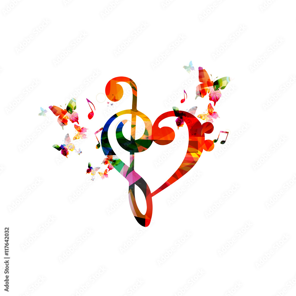 Obraz premium Colorful G-clef heart with butterflies