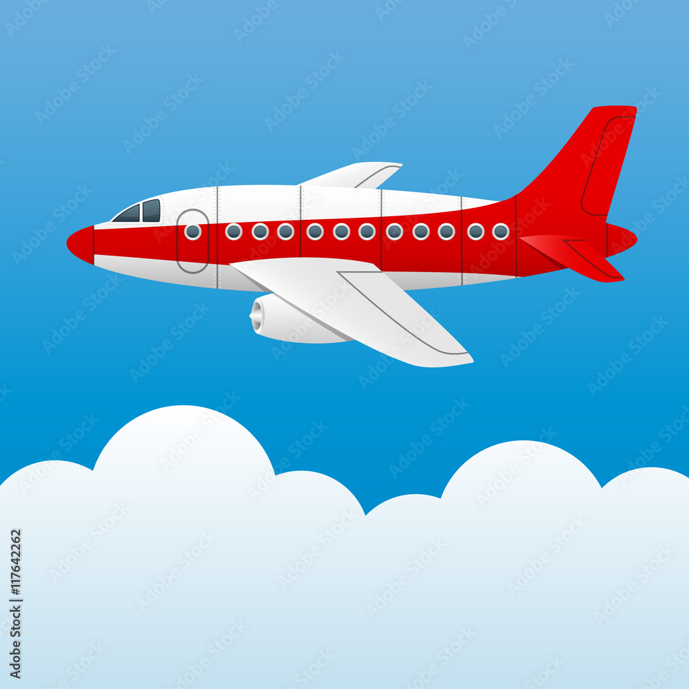 Varicolored plane on a background of blue sky and white clouds. Cartoon style. Vector Image.