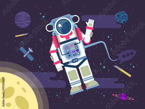 illustration of an astronaut or cosmonaut flying in outer space near the moon in a flat style