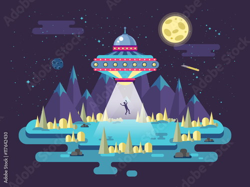 illustration of a flying saucer UFO stealing  man, flat style